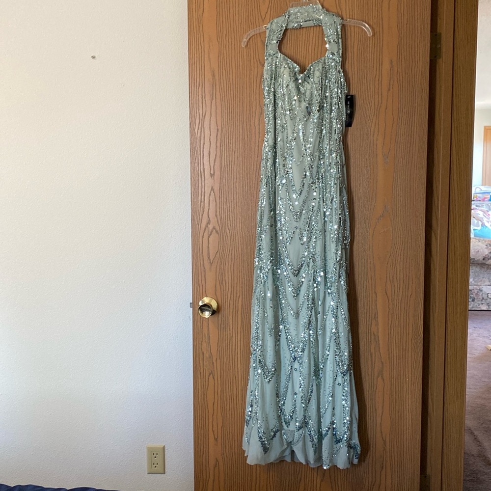 Long beaded sequin cowl neck gown in pale sage.